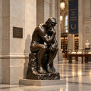 Bronze Thinker statue placed in a luxury library hall with bookshelves and marble floors, used as high-end interior art decor for museums, hotels, and private studies.