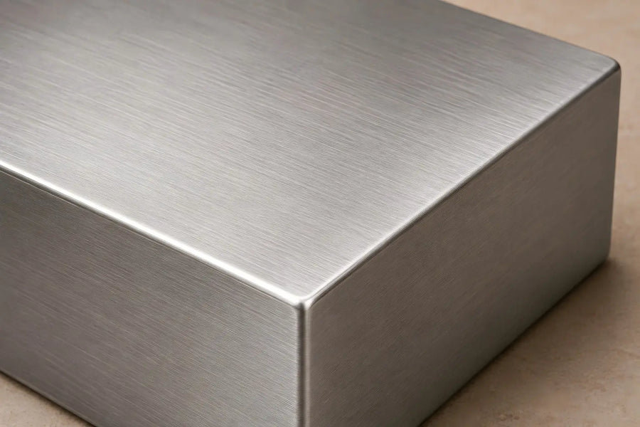 Brushed metal finish sample with a silver-gray textured surface