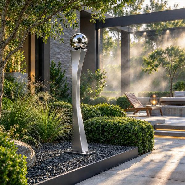 Placed along a paved garden walkway, this brushed stainless steel garden sculpture supports a mirror polished sphere, its gently curved column introducing a reflective accent to a modern villa entrance.