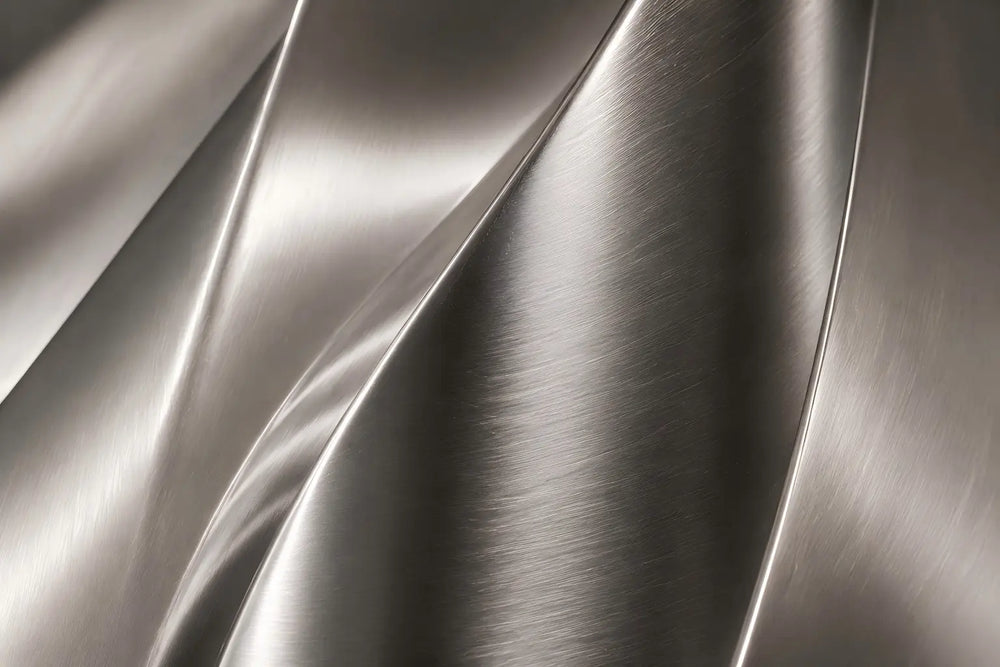 Brushed stainless steel sculpture finish sample with linear texture for modern custom metal sculptures and outdoor installations