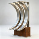 Brushed stainless steel triple arc fountain SS-031 with three sheet-flow outlets and a rectangular architectural base