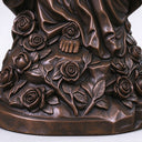 Detailed bronze roses, leaves, and flowing garment folds at the base of Virgin Mary religious sculpture BB-054.