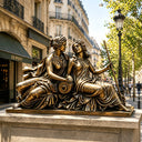 Classical bronze figure sculpture with detailed human forms and antique patina finish