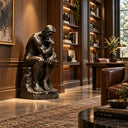 Classical bronze Thinker sculpture placed in a study room in front of wooden bookshelves, ideal for home office, library, and elegant interior decoration.