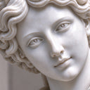 Zeroing in on the serene visage, this close-up of a classical female marble statue brings the delicate facial features and curled hair into sharp focus for custom marble garden sculpture evaluations.