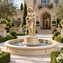 Classical female statue fountain placed in a luxury mansion courtyard with manicured hedges and a grand entrance, ideal for high-end outdoor garden and landscaping decoration.
