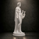 Side view of a classical white marble male sculpture on a dark background, highlighting its elegant posture and fine carving details for high-end art reference.