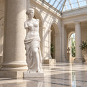 Classical white marble female statue standing in a grand atrium with a glass dome ceiling and marble pillars, ideal for luxury interior decoration and art collection display.