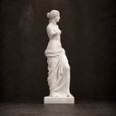 Side view of a classical white marble female statue on a dark background, showing its flowing robe and refined carving details for high-end art reference.