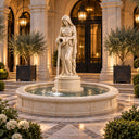 Classical female statue fountain in a courtyard at dusk with warm lighting, perfect for luxury outdoor evening ambiance and garden landscape design.