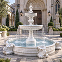 Classical white water fountain in an outdoor courtyard with stone paving and pillars, adding an elegant and refreshing touch to villa landscaping and patio design.