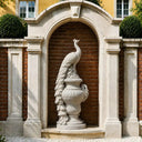 Classical white marble peacock sculpture with detailed feather carving