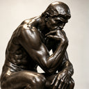 Close-up of a bronze Thinker statue upper body on a dark background, highlighting facial expression and hand details for art decor product display.