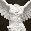 Close-up of a white marble angel statue upper body and wings on a dark background, emphasizing fine feather texture and facial details for art decor display.