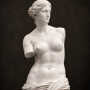 Close-up of a white marble female statue upper body on a dark background, highlighting facial features and classical sculpting details for art decor product display.