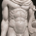 Close-up of a white marble statue muscular torso on a dark background, emphasizing detailed anatomical carving and classical craftsmanship for art decor display.