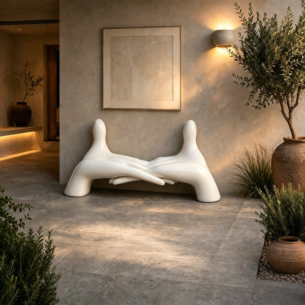 Contemporary abstract fiberglass sculpture with organic fluid form and smooth painted finish for luxury interior and architectural spaces
