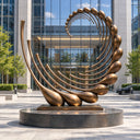 Featuring an array of curved metal strands with teardrop tips, this contemporary bronze sculpture stands as custom landscape artwork for a commercial environment.