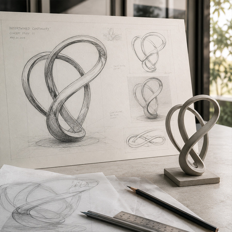 Drawing showing the flowing curved design of a contemporary stainless steel sculpture
