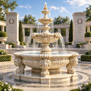 A cream limestone ornamental fountain with tiered water features, crafted to elevate a classical estate garden landscape.