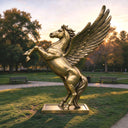 Bathed in sunlight, this custom bronze Pegasus statue displays a lifted foreleg pose within a courtyard setting, showcasing the skilled metalwork.