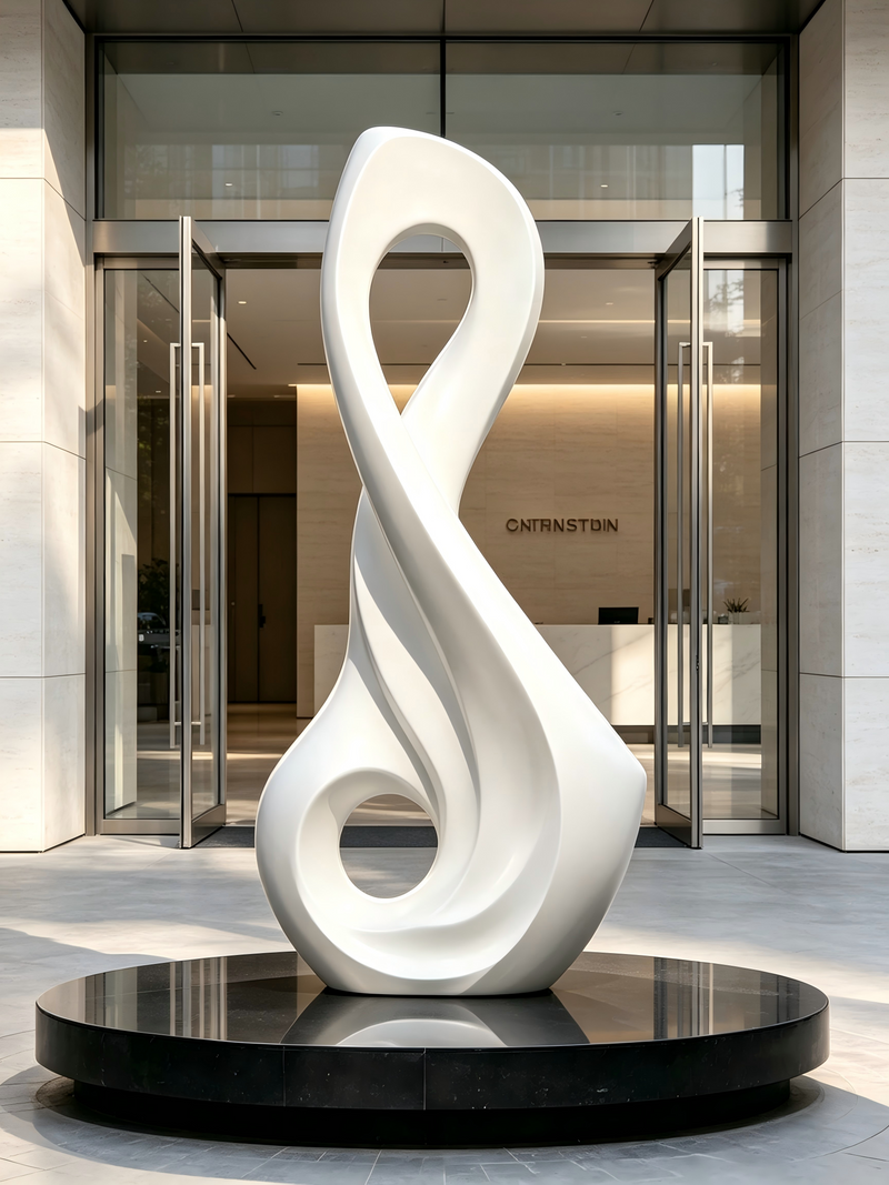 Custom fiberglass sculpture installed at a corporate entrance as a modern architectural landmark