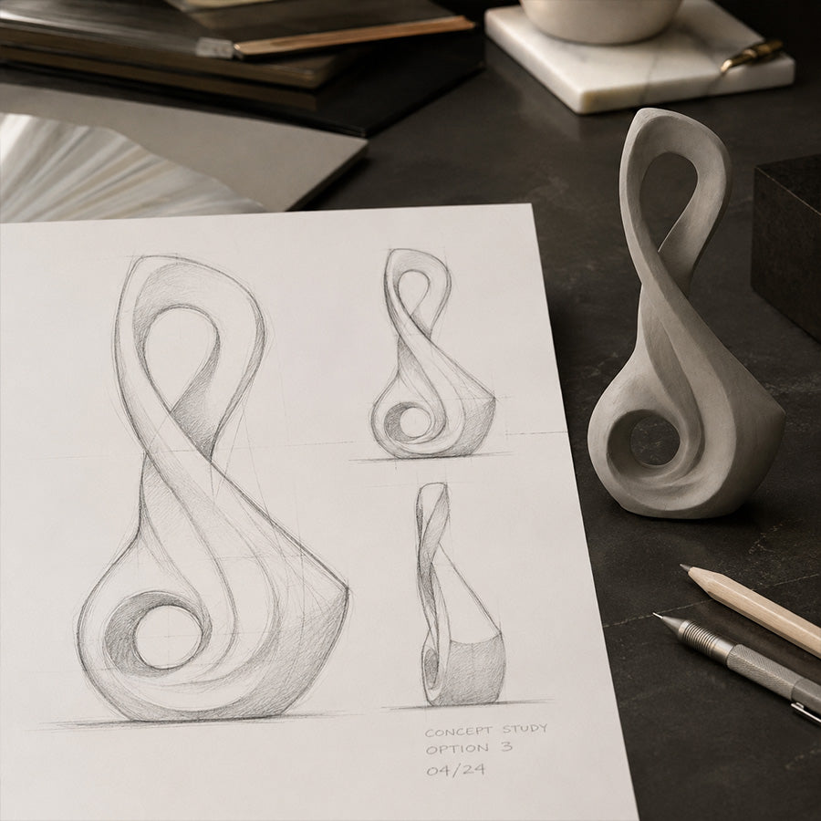 Initial design sketch for a custom abstract fiberglass sculpture project