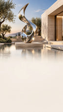 Custom mirror-polished stainless steel abstract sculpture displayed beside a reflecting pool in a contemporary luxury villa courtyard.