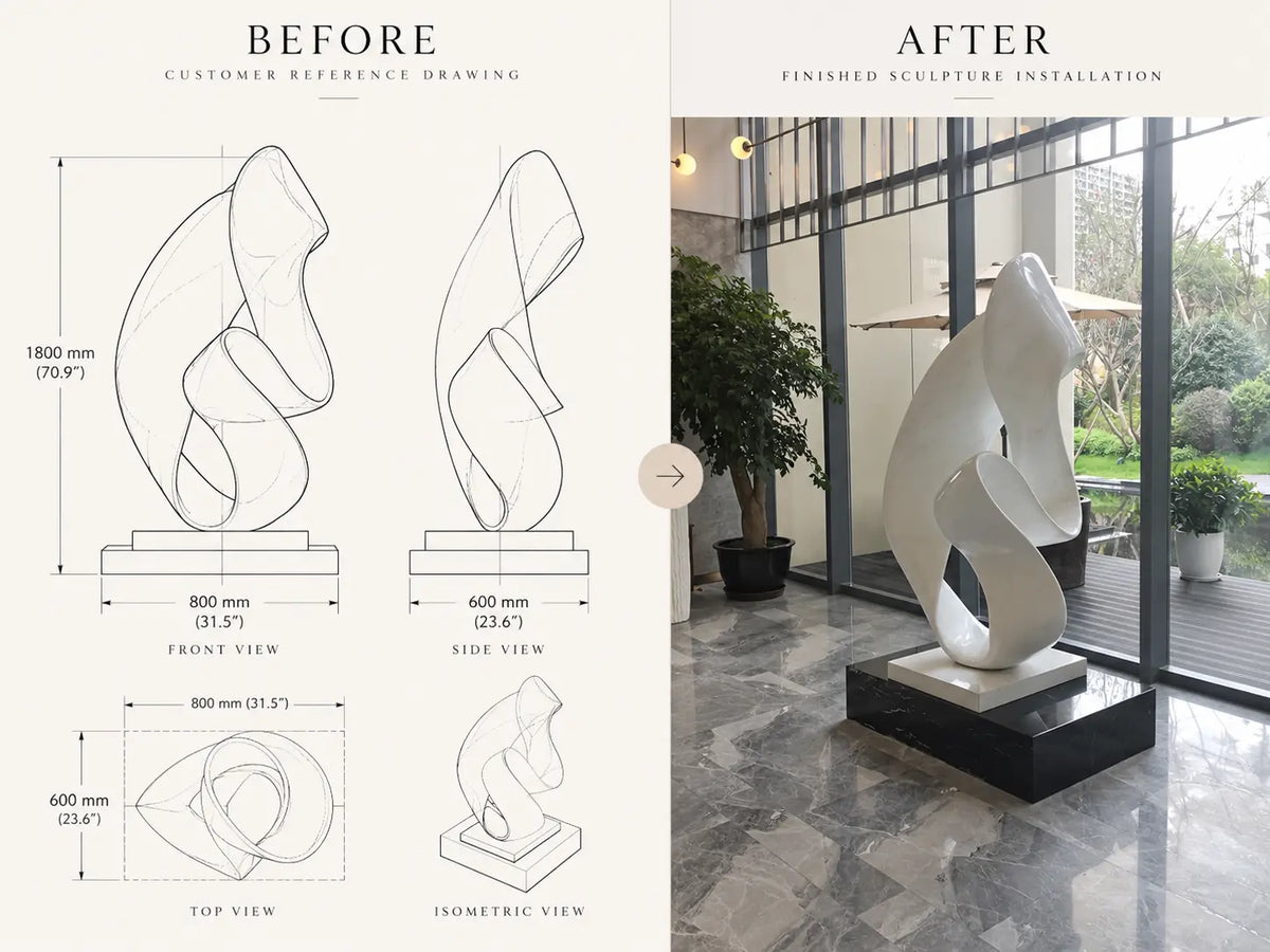 Custom sculpture drawing and finished installation comparison