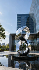 Custom polished stainless steel abstract sculpture at a modern corporate entrance.