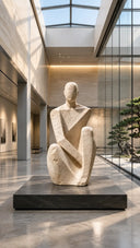 ustom travertine abstract figure sculpture displayed in a modern luxury interior.