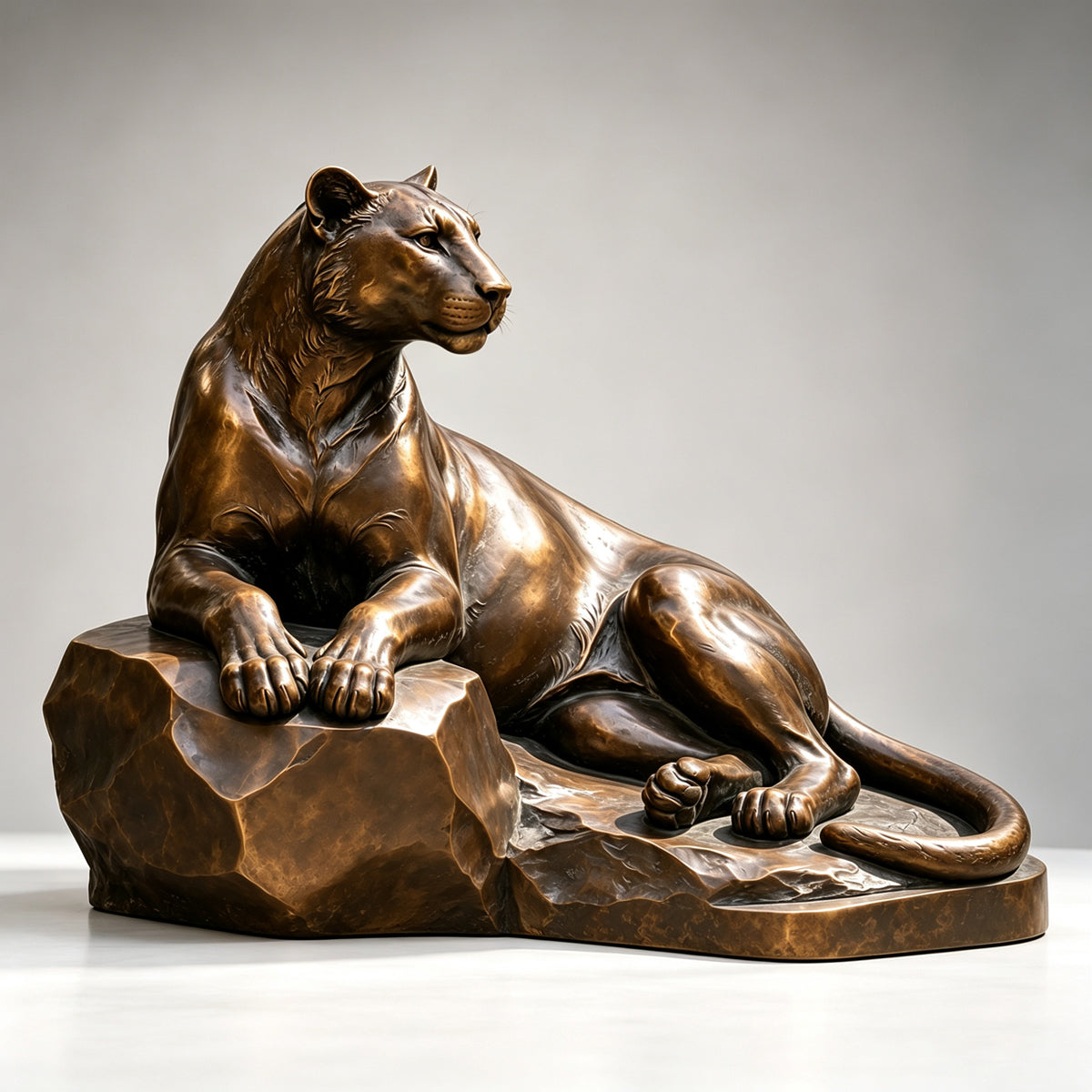 Cast in rich bronze, this reclining feline sculpture rests alertly on a rugged rock base, capturing the lifelike musculature and warm metallic sheen of the handcrafted artwork.