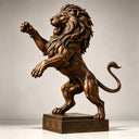Close-up of a bronze standing lion statue on a pure white background, highlighting its detailed muscle lines and vintage metallic texture, ideal for high-end art decor product display and reference.
