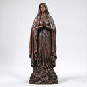 Full-length bronze Virgin Mary statue BB-054 with clasped hands, rosary, flowing robes, and sculpted rose base on a white background.