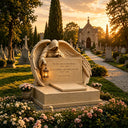 Beige granite memorial headstone installed in European cemetery landscape with angel wing design MM-007