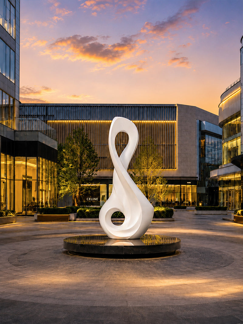 Fiberglass sculpture integrated with corporate landscape and modern architecture