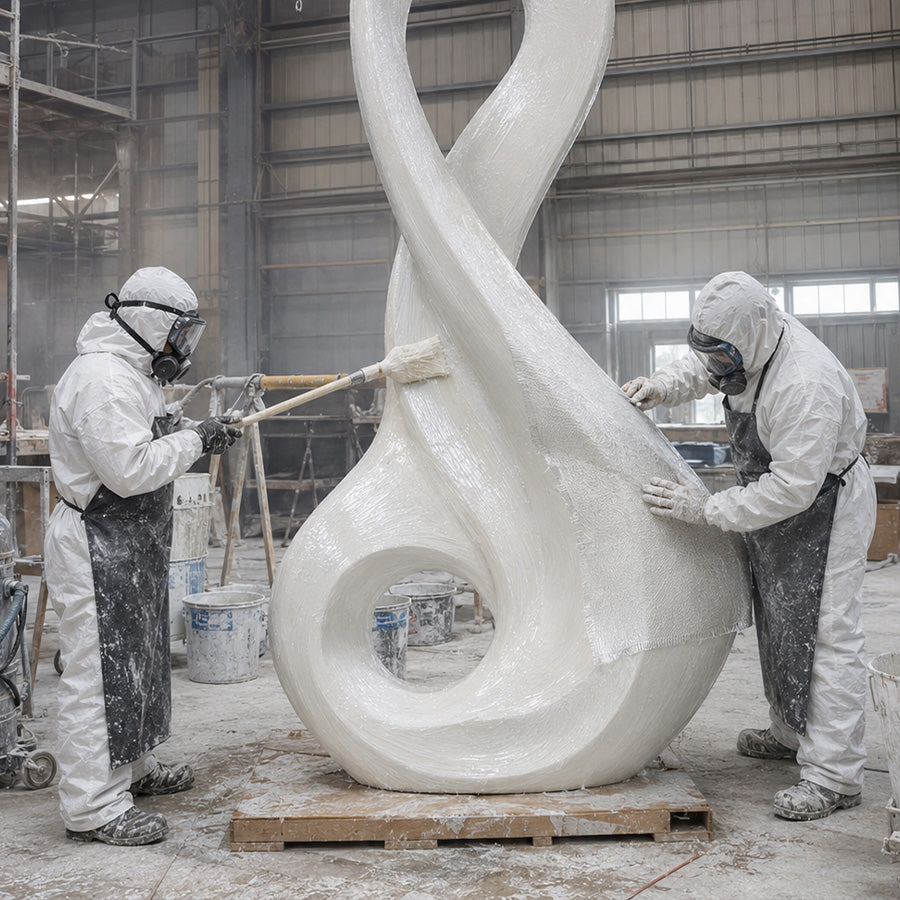 FRP forming process during the fabrication of a custom abstract fiberglass sculpture
