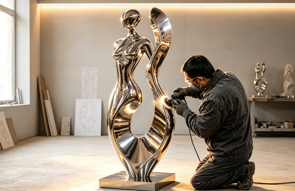 Polish process of a fluid human stainless steel sculpture 