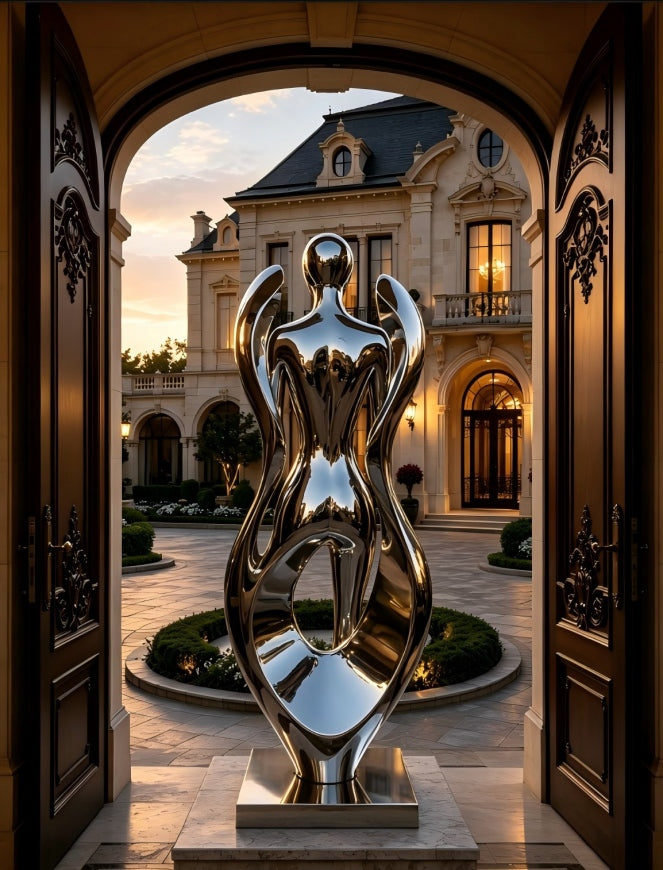Backside view of a fluid human contemporary sculpture with mirror polish stainless steel