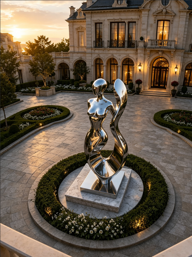 Elevational view of a fluid human steel outdoor sculpture with mirror polished finish