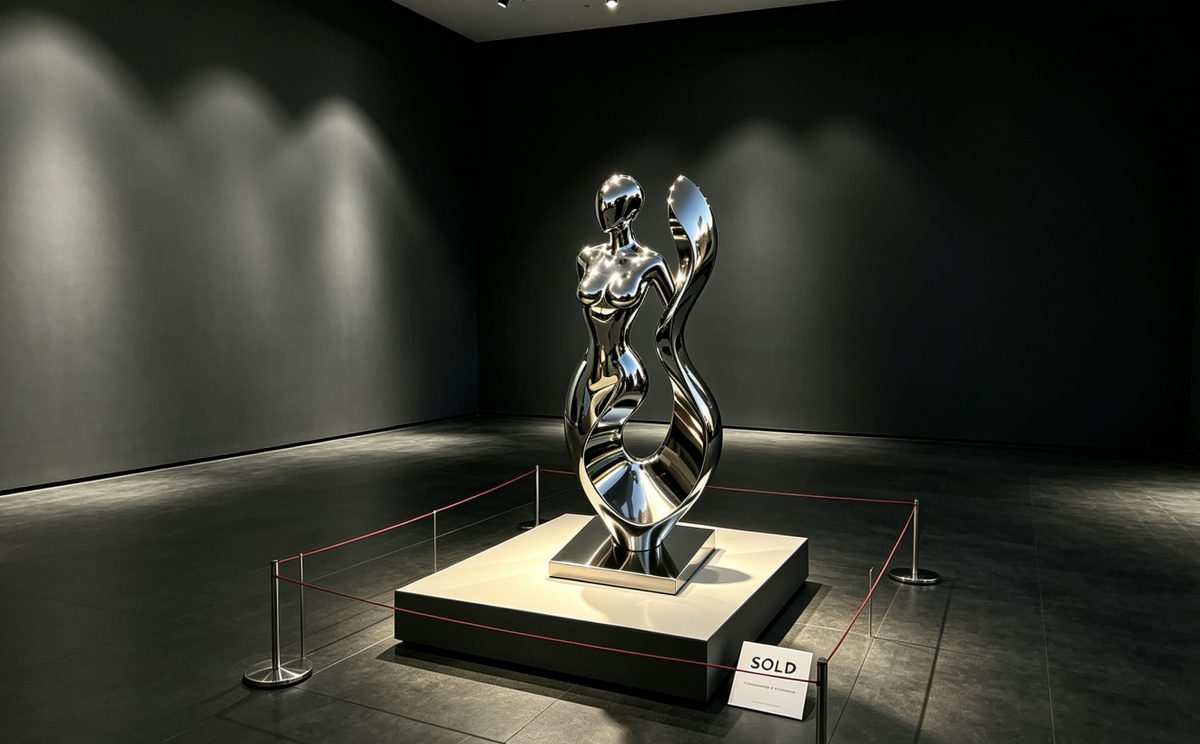 Exhibition of fluid human stainless steel sculpture with mirror polish finish