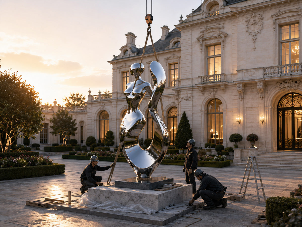 Installation process of a fluid human stainless steel sculpture with mirror polish finish