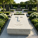 Arranged beside a symmetrical garden path, this sand-colored granite flat memorial slab displays enduring lettering and a classic cross, serving as a lasting commemoration.

