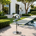 Geometric stainless steel flamingo sculpture featuring abstract animal design, mirror polished metal finish, and contemporary outdoor art style