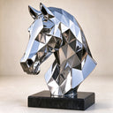 Geometric stainless steel horse head bust featuring angular faceted detailing and a mirror-polished finish
