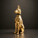 Close-up detail of gold stainless steel dog sculpture SS-024 showing mirror polished surface and handcrafted metal craftsmanship