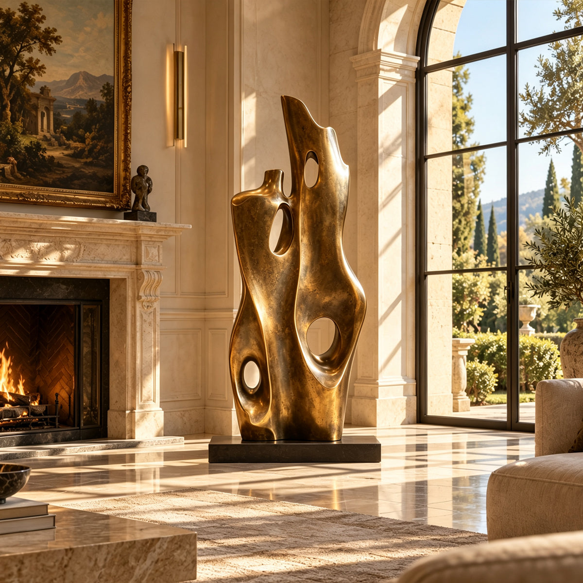 Golden vertical abstract sculpture with organic openings on a black base, displayed in a luxury hall with marble floors and a fireplace, adding contemporary elegance to classic interior spaces.