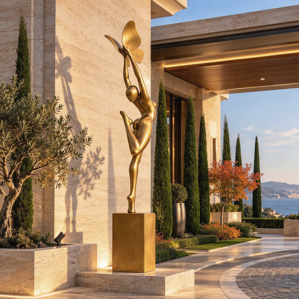 Elevating a luxury villa entrance, this golden bronze woman statue stretches upward to release a sculpted butterfly, defining the space with a contemporary bronze figure.