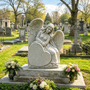 Granite guardian angel memorial statue with classical design and heart-shaped tablet symbolizing remembrance and companionship
