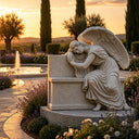 Granite weeping angel monument MM-022 displayed beside a fountain in a peaceful memorial garden
